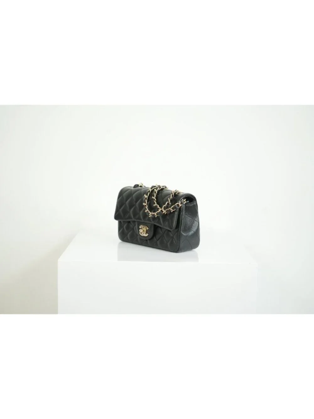 Chanel Mini Classic Black Lambskin W/Champagne Gold Flap Bag Full Set